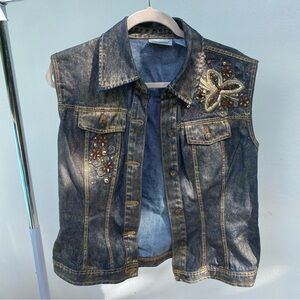 Y2K Jeanology Gold Foil Embellished Denim Vest Size Large